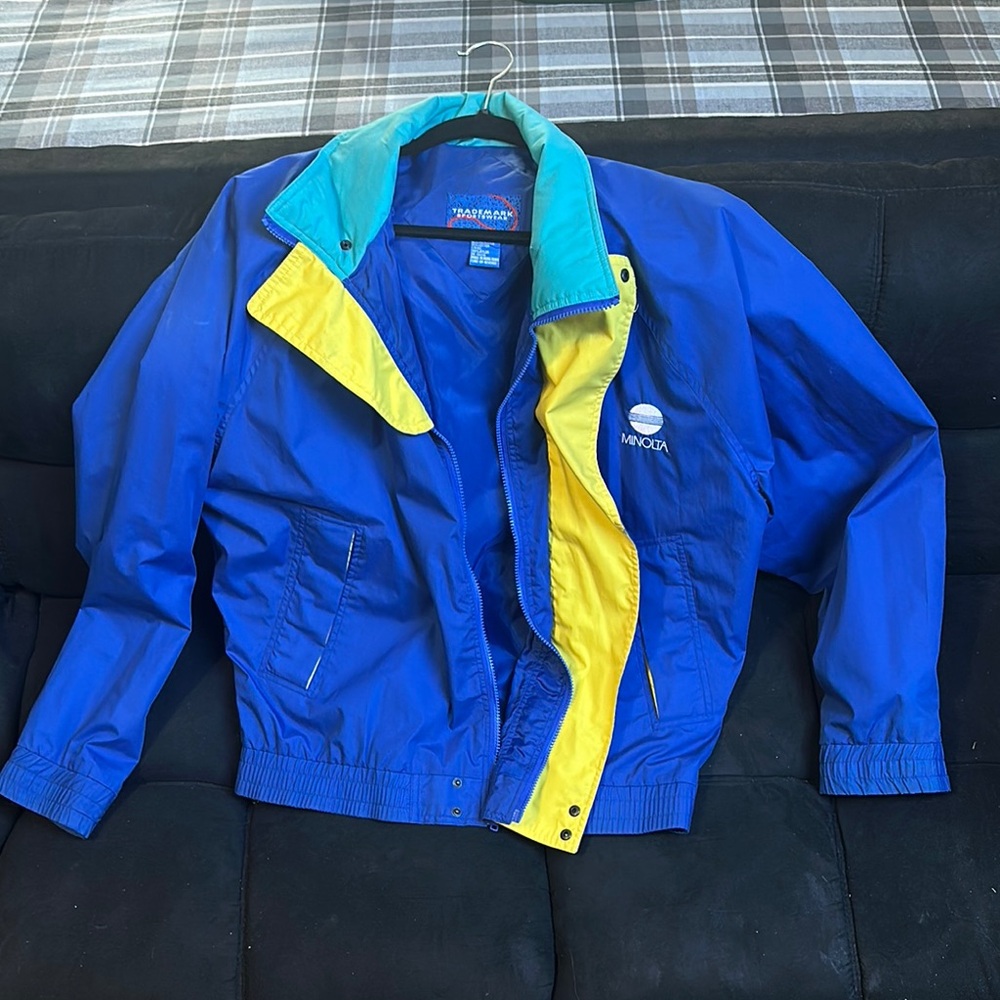 Vintage Minolta Camera Windbreaker Jacket - Blue and Yellow Size XL